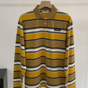 Miu Miu Women's White Striped Polos Long Sleeves T-shirt